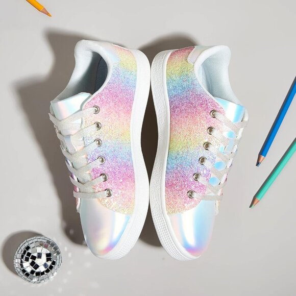 LUCKY STEP Rainbow LaceUp Sneakers Sparkly Fashion Shoes for Women - Picture 2 of 9